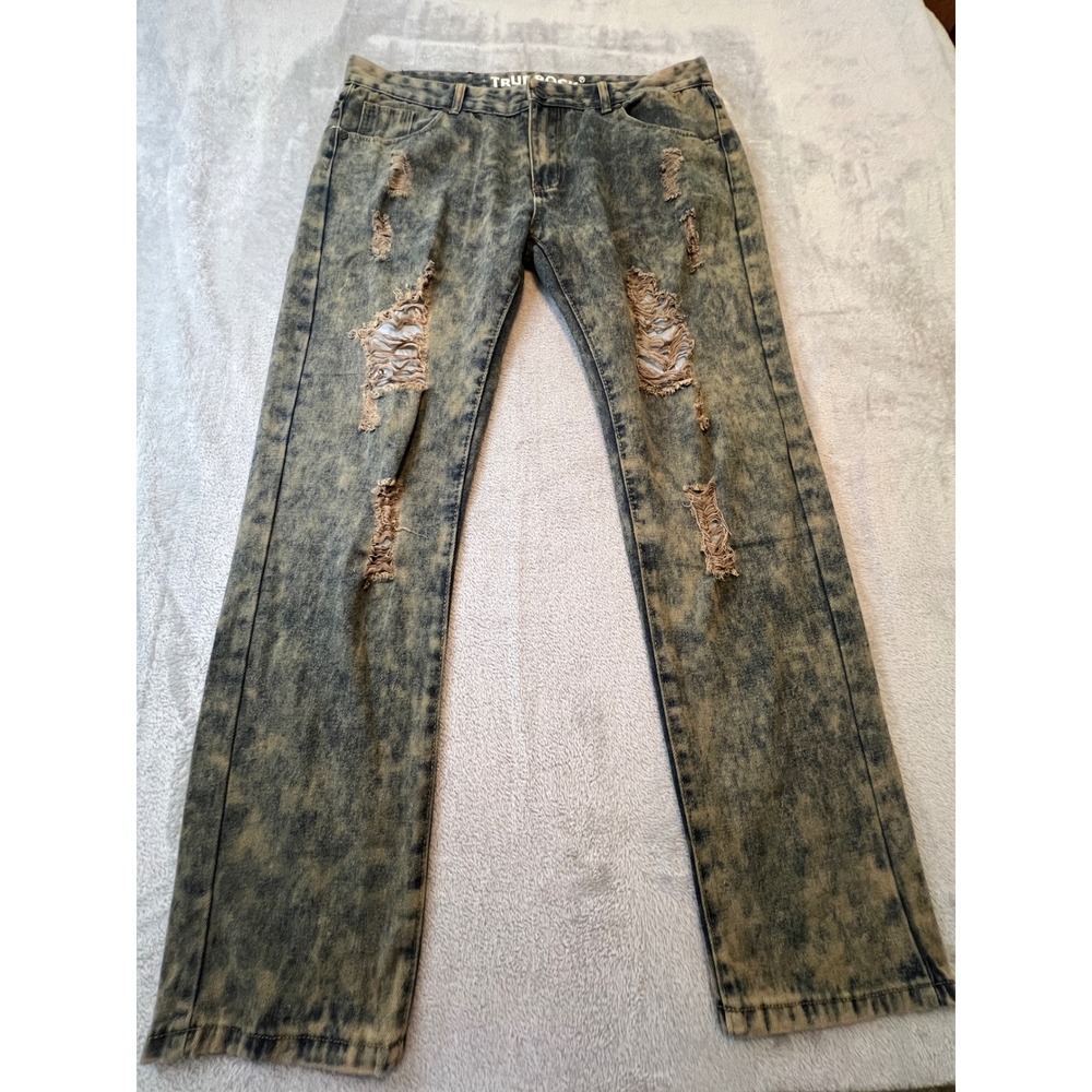 True Rock Jeans Mens 38 Distressed Acid Wash Straight Leg Ripped Denim